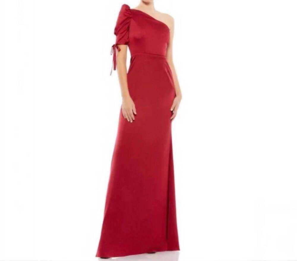 NEW MAC DUGGAL one shoulder puff sleeve trumpet gown in red satin